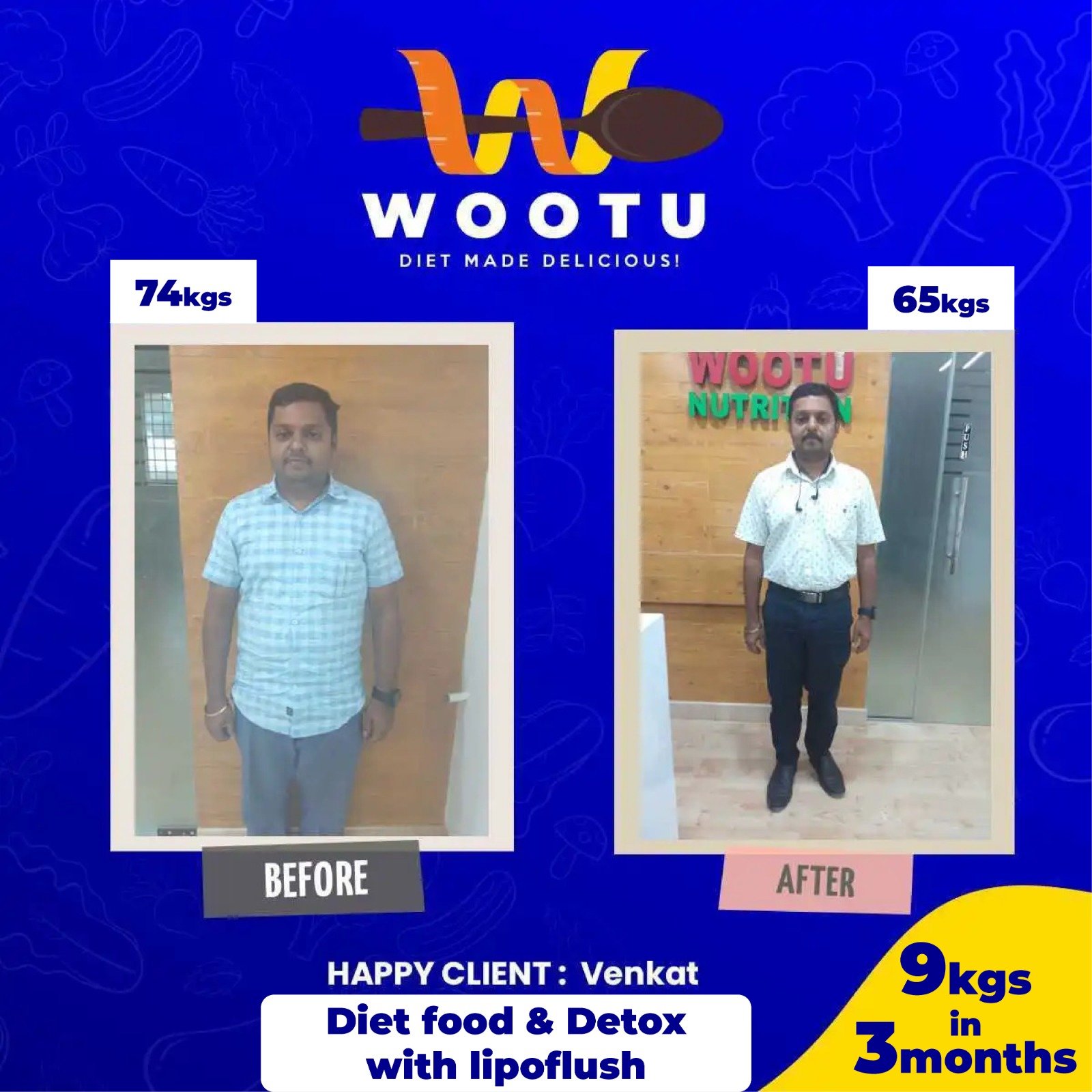 Venkat's before and afters, a happy client who lost weight with the use of food and therapy at Wootu Nutrition in Chennai.